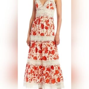 ANTONIO MELANI Maxi Tier Dress, Spaghetti Straps. Orange Print + White Lace